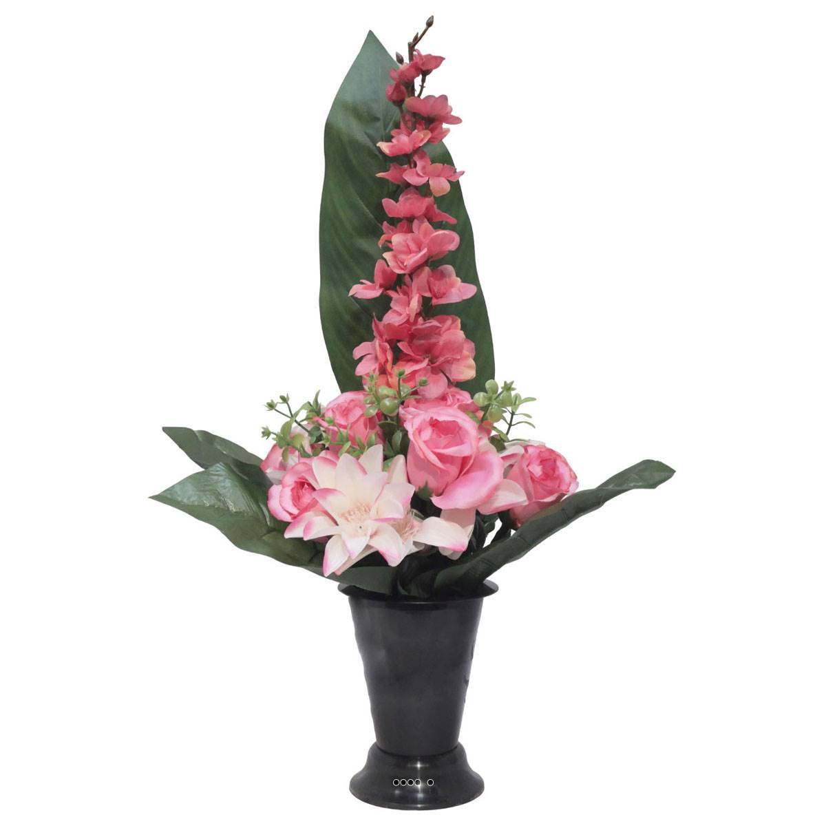Artificielles - Pot Cone de fleurs artificielles de Rose, Orchidée et delphinium Rose pour la Toussaint - couleur: Rose 715 - Imagen 2