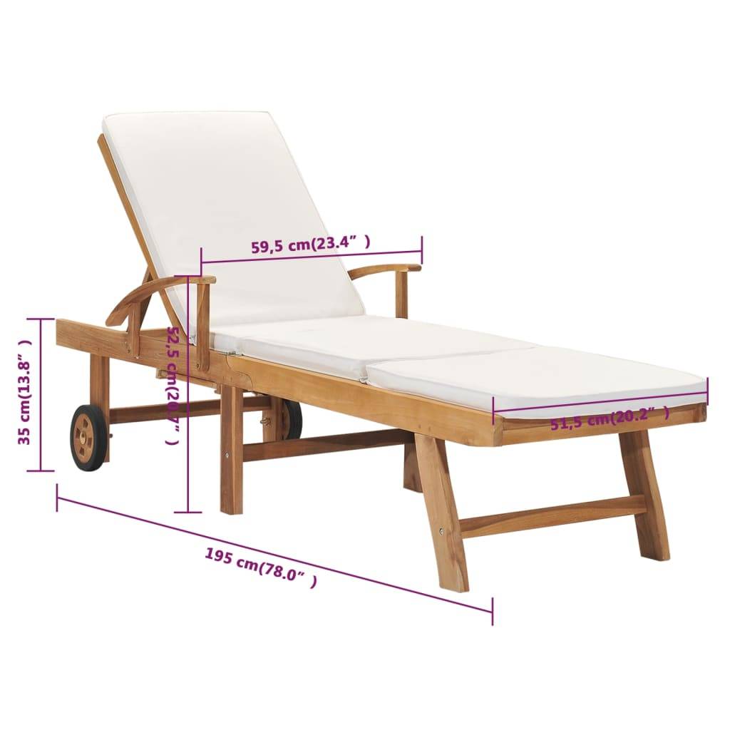 Helloshop26 - Transat chaise longue bain de soleil lit de jardin terrasse meuble d'extérieur 195 cm avec coussin bois de teck solide crème - Imagen 9