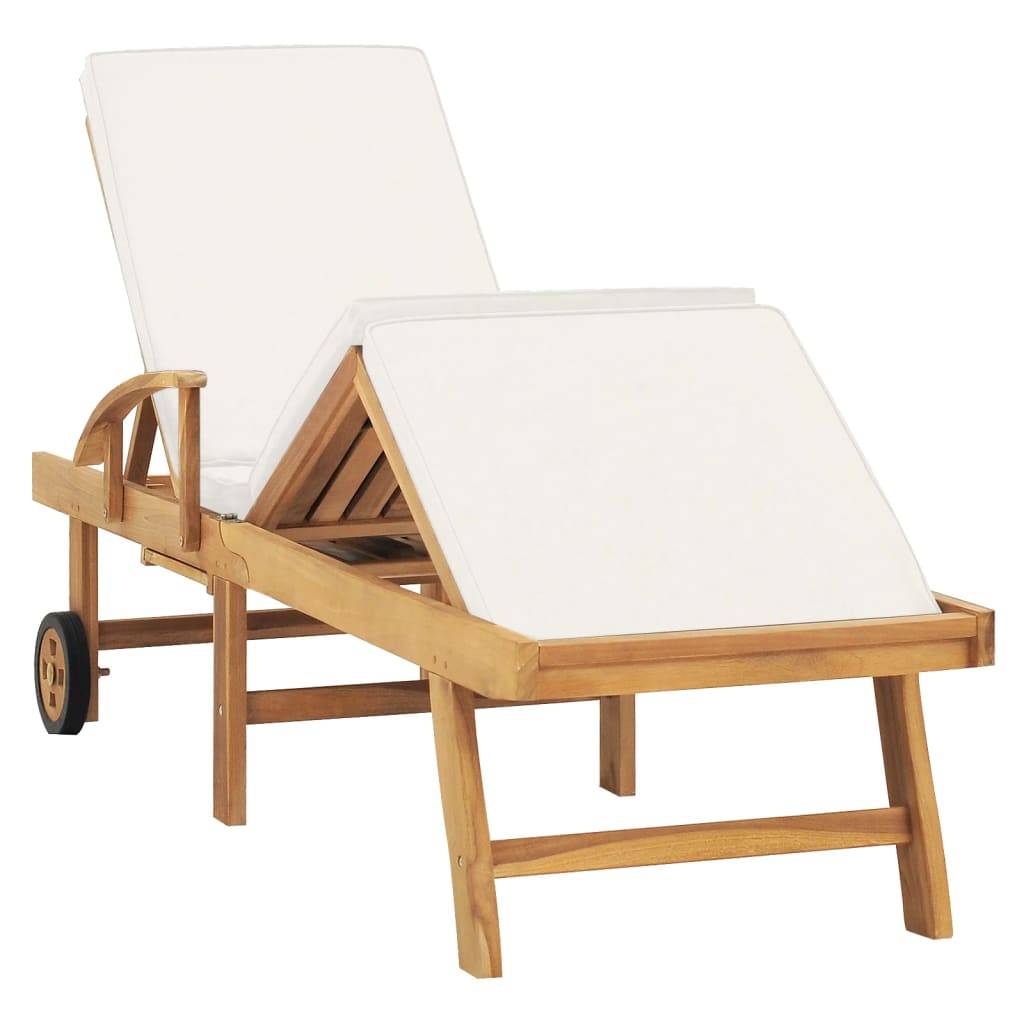 Helloshop26 - Transat chaise longue bain de soleil lit de jardin terrasse meuble d'extérieur 195 cm avec coussin bois de teck solide crème - Imagen 2