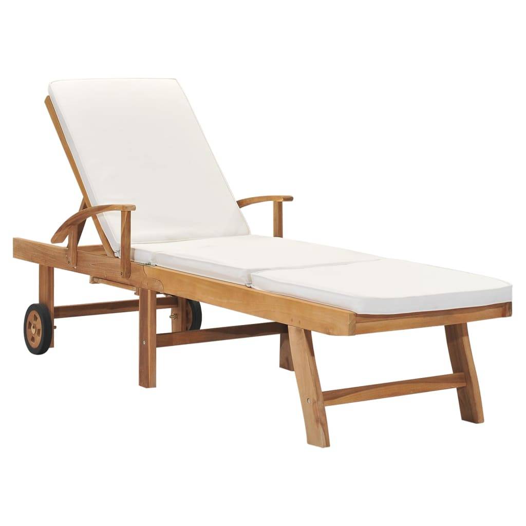 Helloshop26 - Transat chaise longue bain de soleil lit de jardin terrasse meuble d'extérieur 195 cm avec coussin bois de teck solide crème - Imagen 1