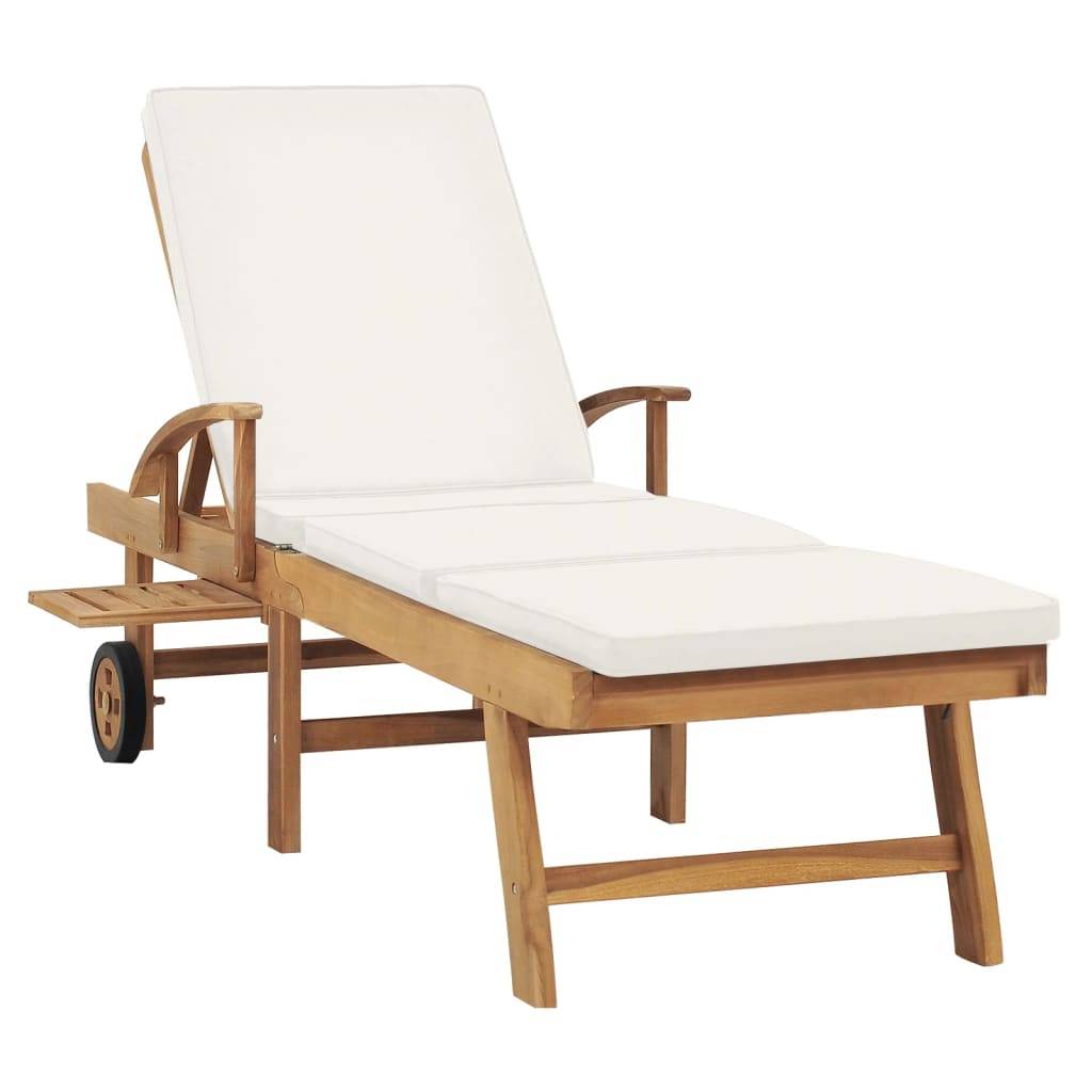 Helloshop26 - Transat chaise longue bain de soleil lit de jardin terrasse meuble d'extérieur 195 cm avec coussin bois de teck solide crème - Imagen 3