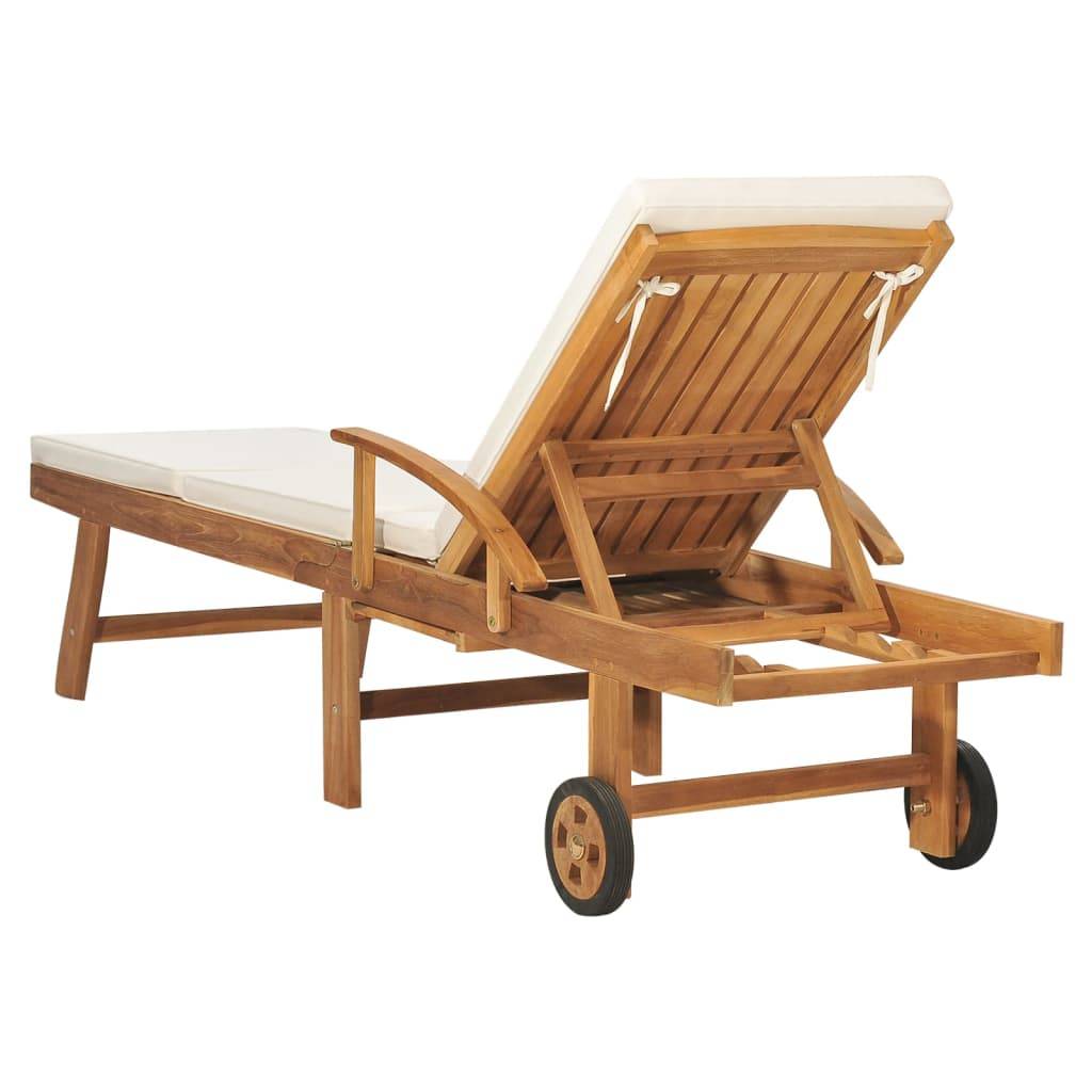 Helloshop26 - Transat chaise longue bain de soleil lit de jardin terrasse meuble d'extérieur 195 cm avec coussin bois de teck solide crème - Imagen 5
