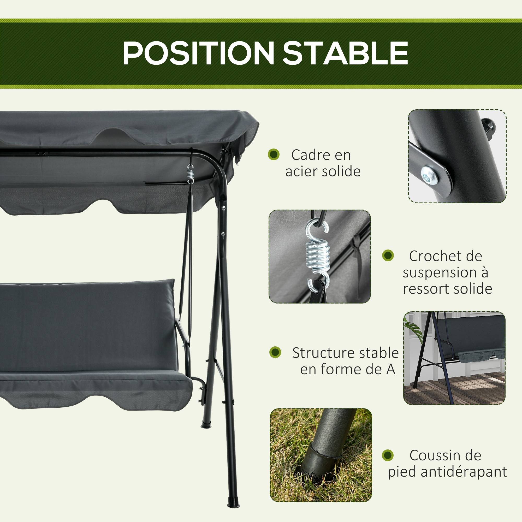 Balancelle jardin 3 places métal terrasse toit réglable 172x110x153cm gris - ComfortXL Outdoor Living - Image 7