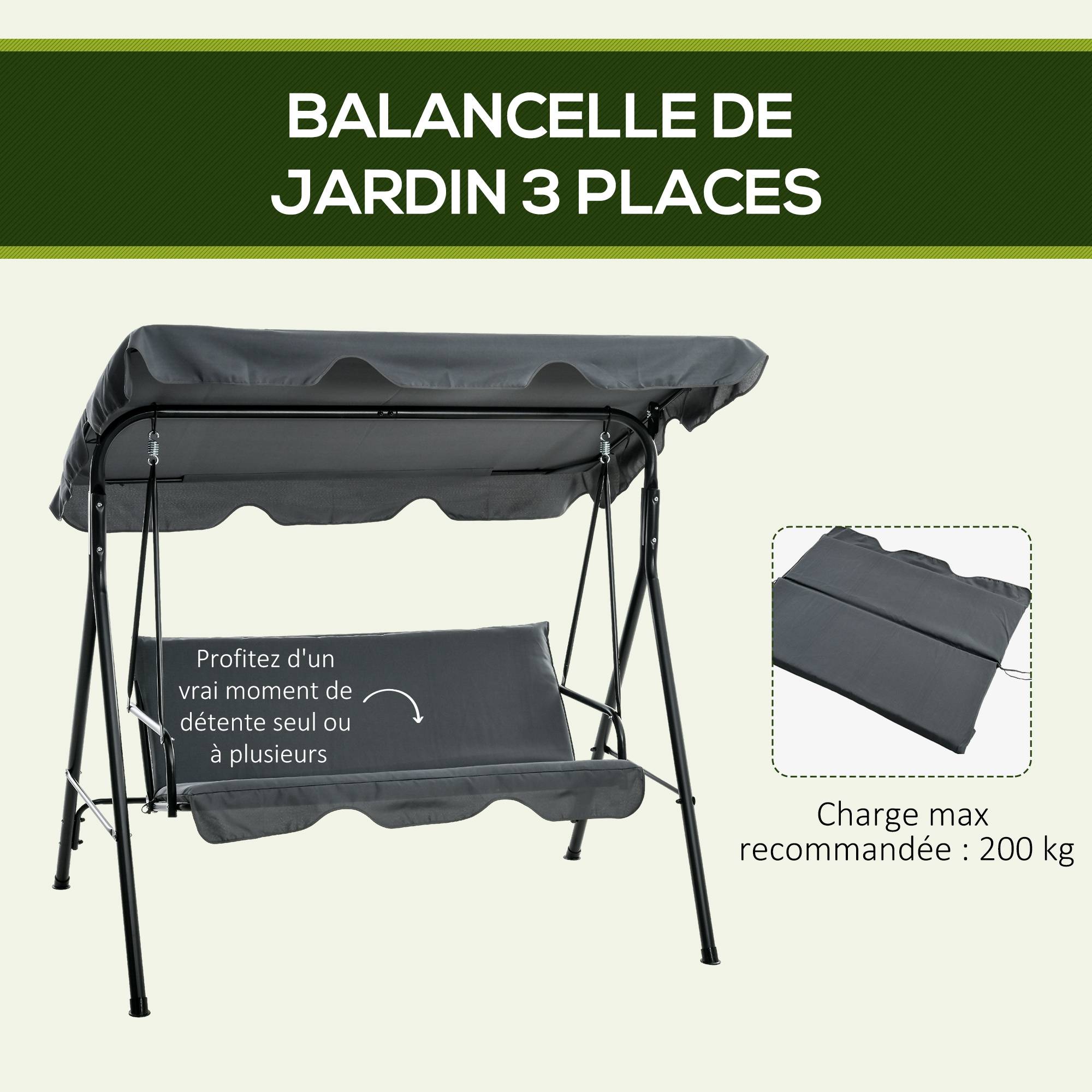 Balancelle jardin 3 places métal terrasse toit réglable 172x110x153cm gris - ComfortXL Outdoor Living - Image 9