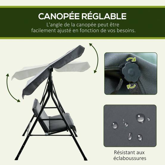 Balancelle jardin 3 places métal terrasse toit réglable 172x110x153cm gris - ComfortXL Outdoor Living - Image 6