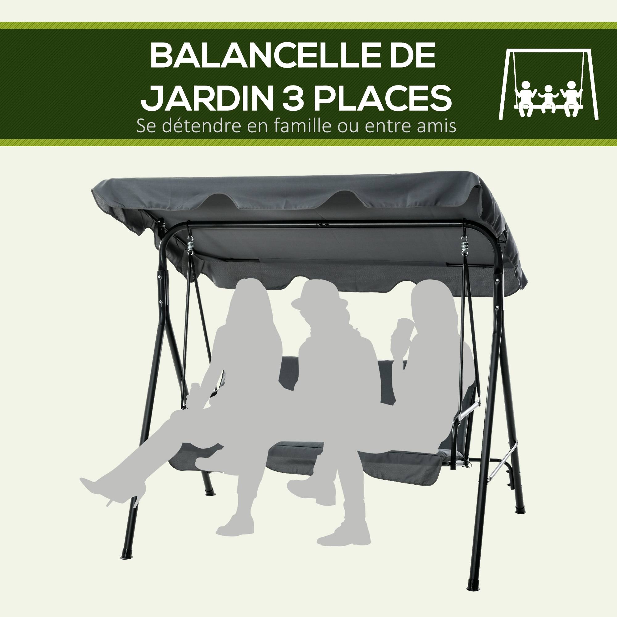 Balancelle jardin 3 places métal terrasse toit réglable 172x110x153cm gris - ComfortXL Outdoor Living - Image 8