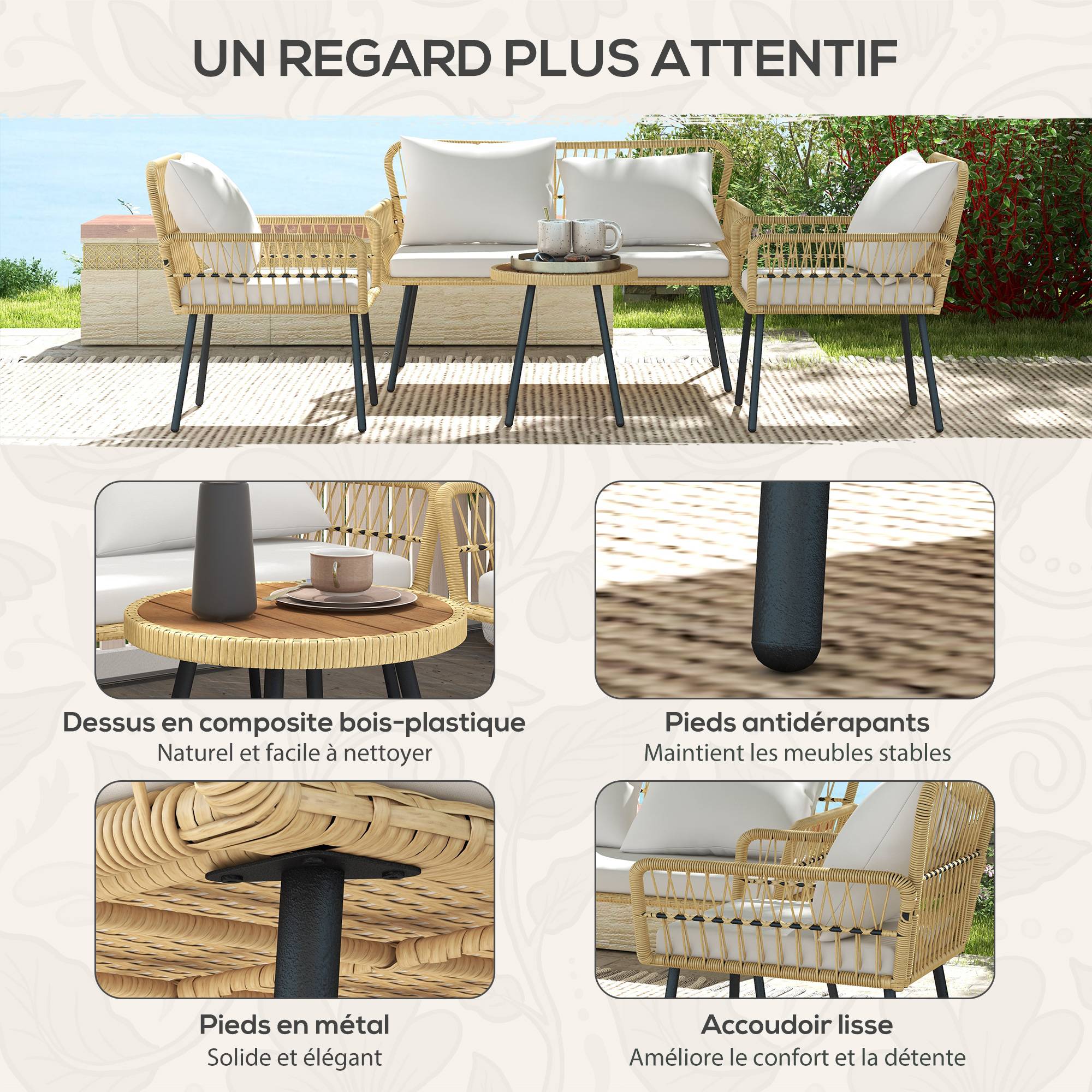 Salon de Jardin 4 Places en Résine Tressée avec Canapé Fauteuils et Table Basse Ronde - ComfortXL Outdoor Living - Image 8