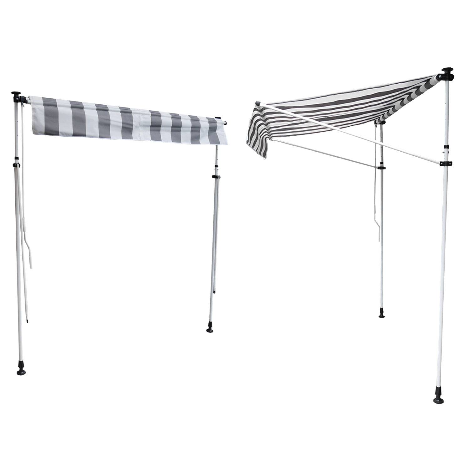 Happy Garden - Store banne pour balcon CHENE 2 × 1,2m - Toile rayée blanche/grise et structure blanche - HAPPY GARDEN - Imagen 2