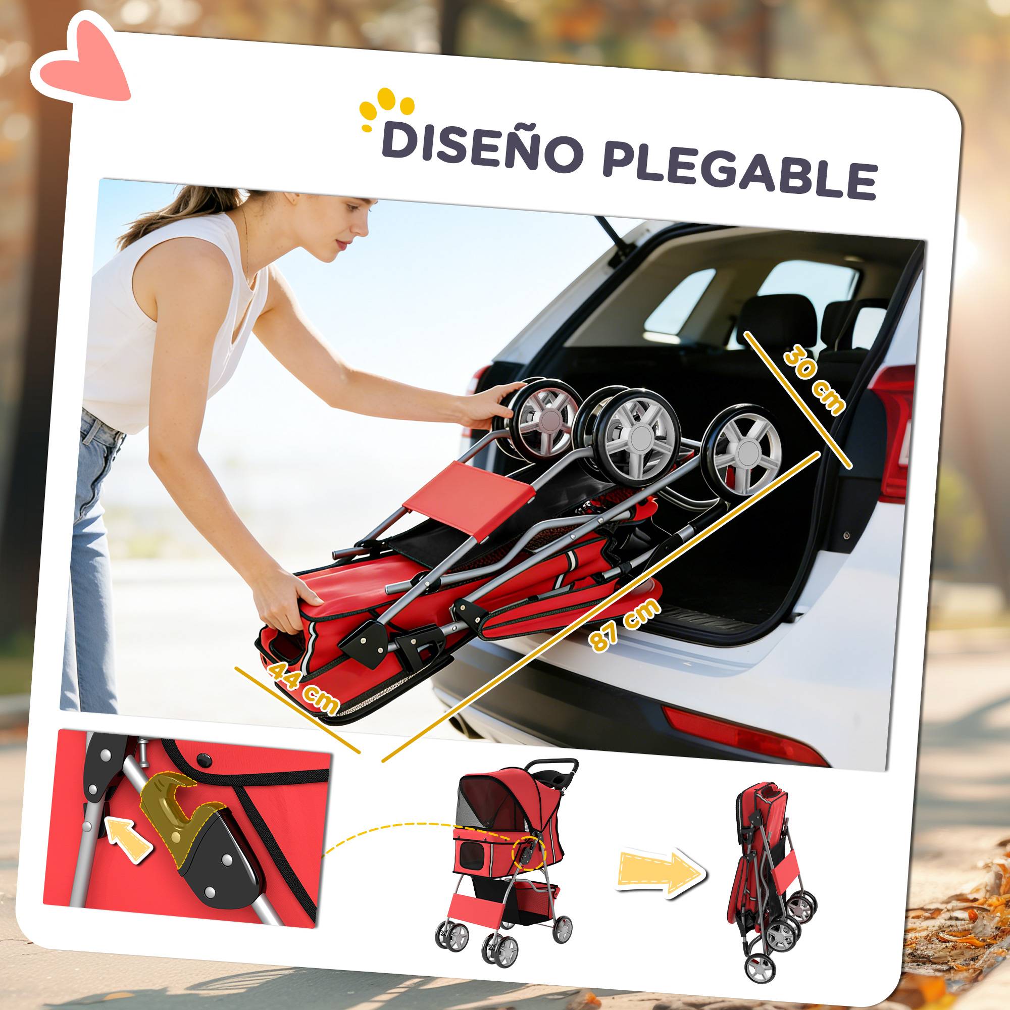 Poussette pour petit chien avec panier de rangement, porte-gobelet, roues et coussin lavable 77 x 44 x 102 cm Rouge - Image 7