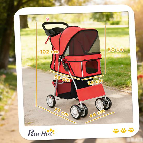 Poussette pour petit chien avec panier de rangement, porte-gobelet, roues et coussin lavable 77 x 44 x 102 cm Rouge - Image 5