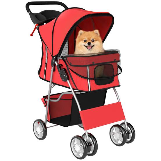 Poussette pour petit chien avec panier de rangement, porte-gobelet, roues et coussin lavable 77 x 44 x 102 cm Rouge - Image 1