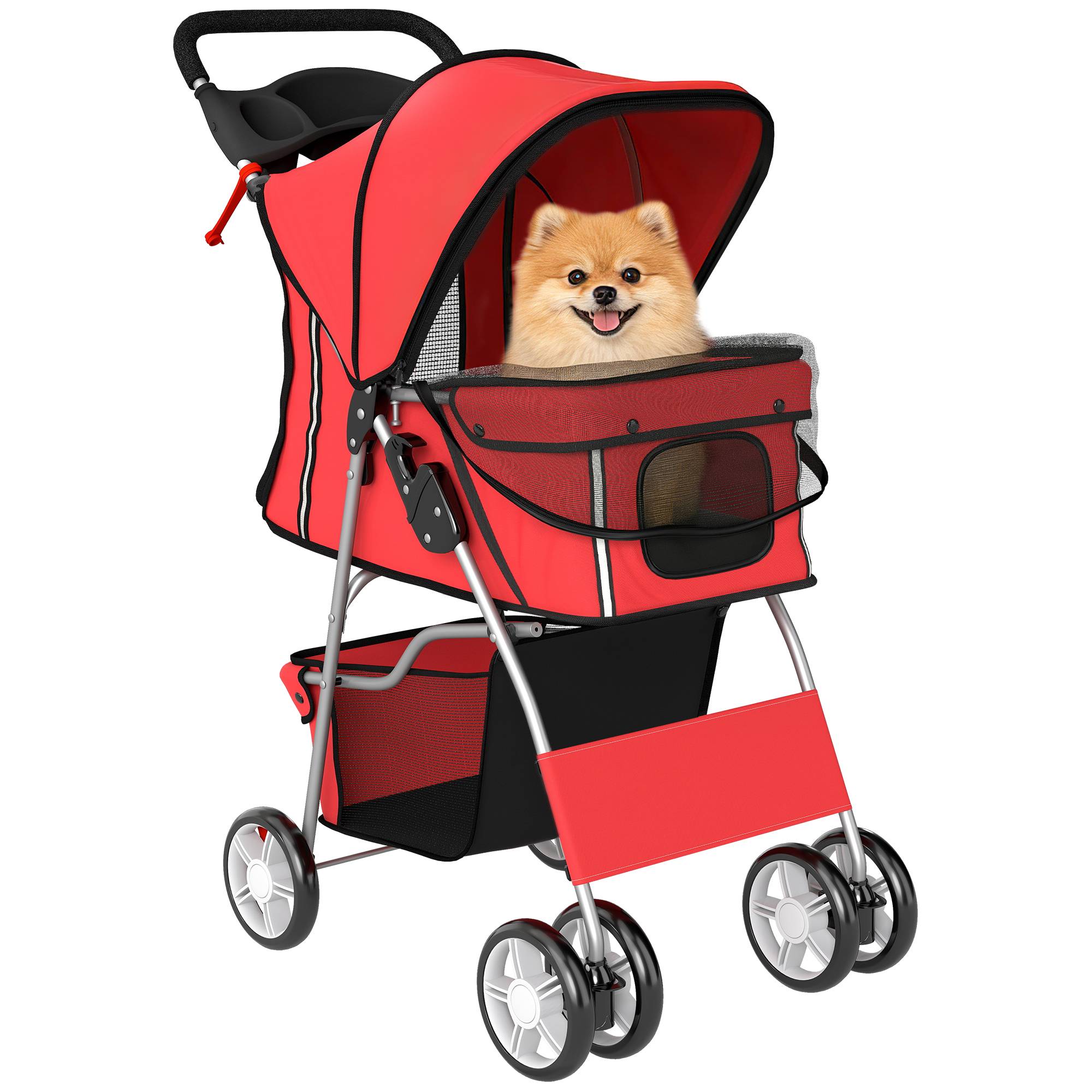Poussette pour petit chien avec panier de rangement, porte-gobelet, roues et coussin lavable 77 x 44 x 102 cm Rouge - Image 1