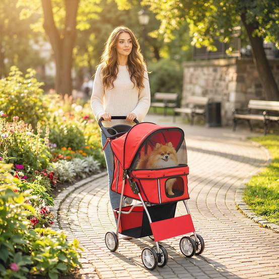 Poussette pour petit chien avec panier de rangement, porte-gobelet, roues et coussin lavable 77 x 44 x 102 cm Rouge - Image 4