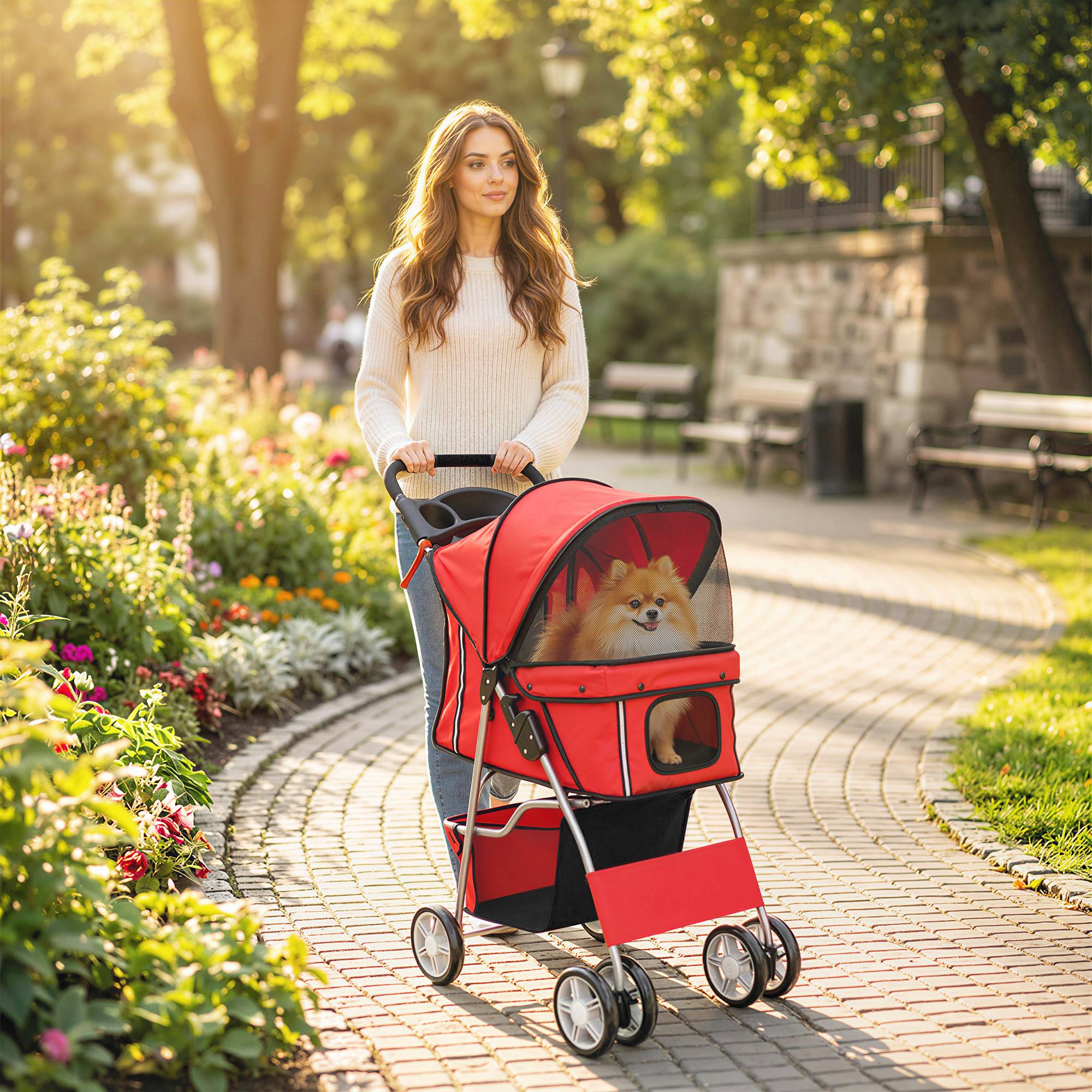 Poussette pour petit chien avec panier de rangement, porte-gobelet, roues et coussin lavable 77 x 44 x 102 cm Rouge - Image 4
