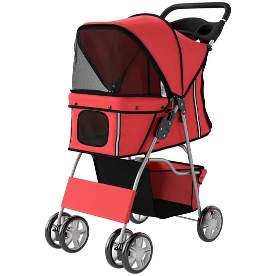Poussette pour petit chien avec panier de rangement, porte-gobelet, roues et coussin lavable 77 x 44 x 102 cm Rouge - Image 2