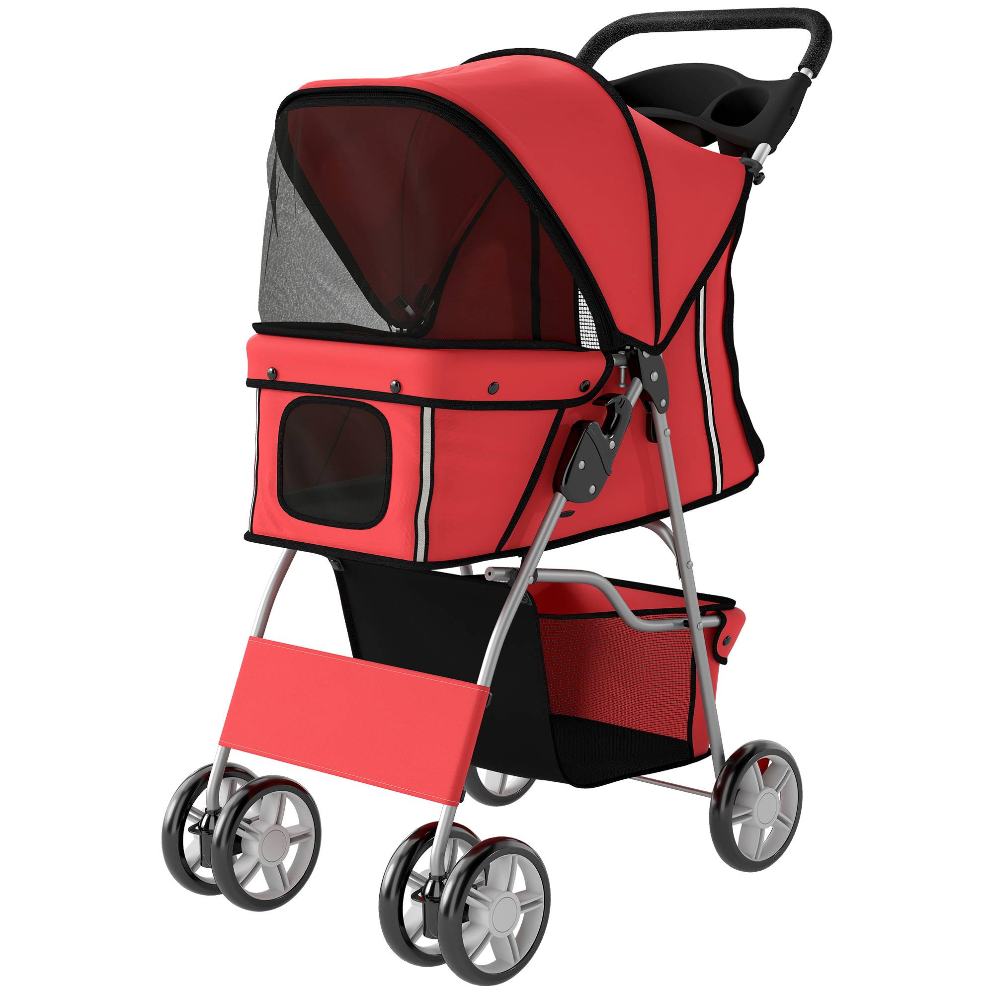 Poussette pour petit chien avec panier de rangement, porte-gobelet, roues et coussin lavable 77 x 44 x 102 cm Rouge - Image 2