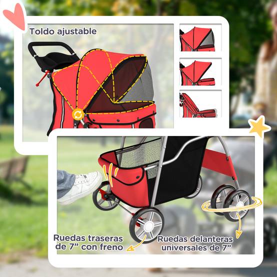Poussette pour petit chien avec panier de rangement, porte-gobelet, roues et coussin lavable 77 x 44 x 102 cm Rouge - Image 8