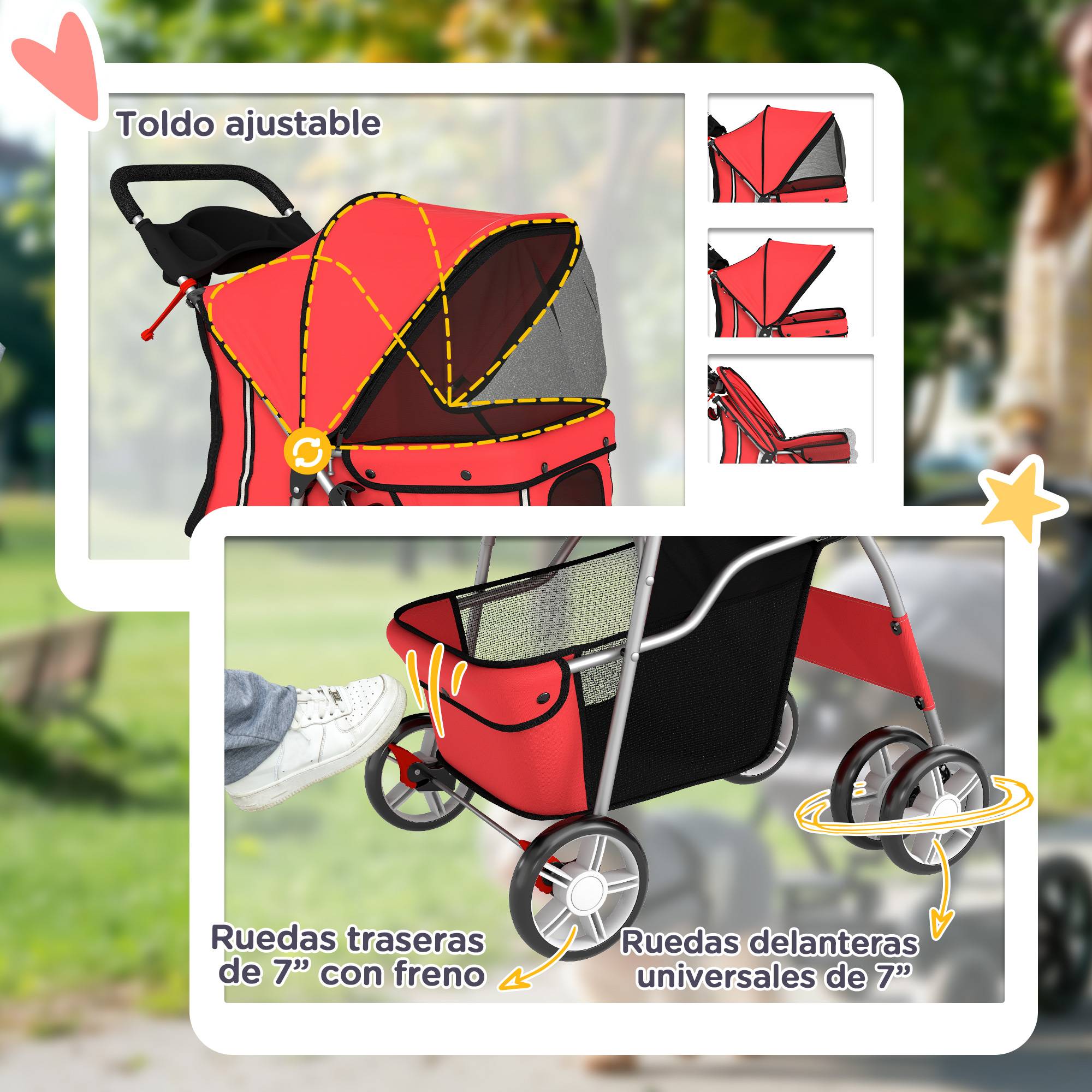 Poussette pour petit chien avec panier de rangement, porte-gobelet, roues et coussin lavable 77 x 44 x 102 cm Rouge - Image 8