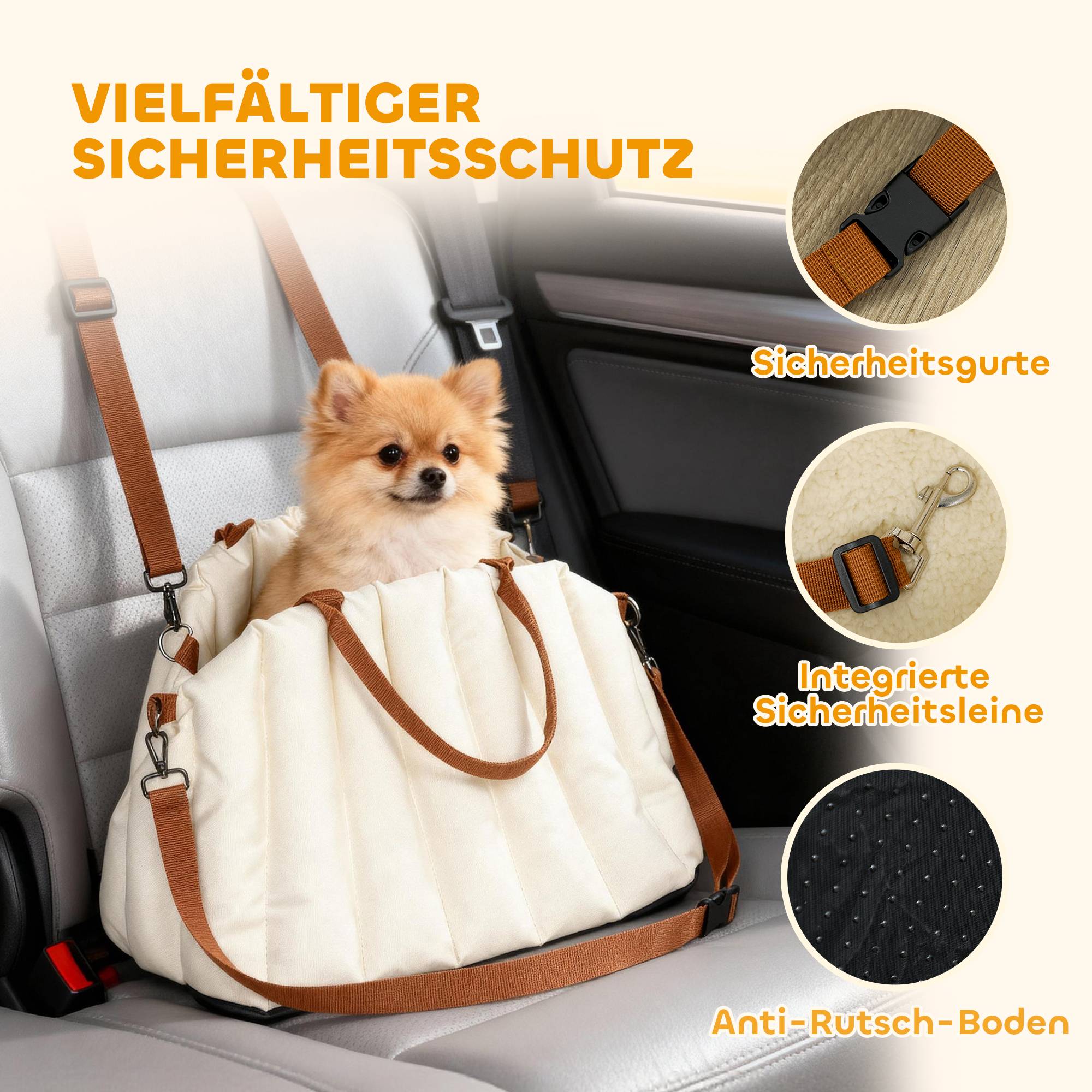 Siège auto chien Oxford velours voyage transport sac 2-en-1 lavable 50x30x31cm Crème - ComfortXL Outdoor Living - Image 6