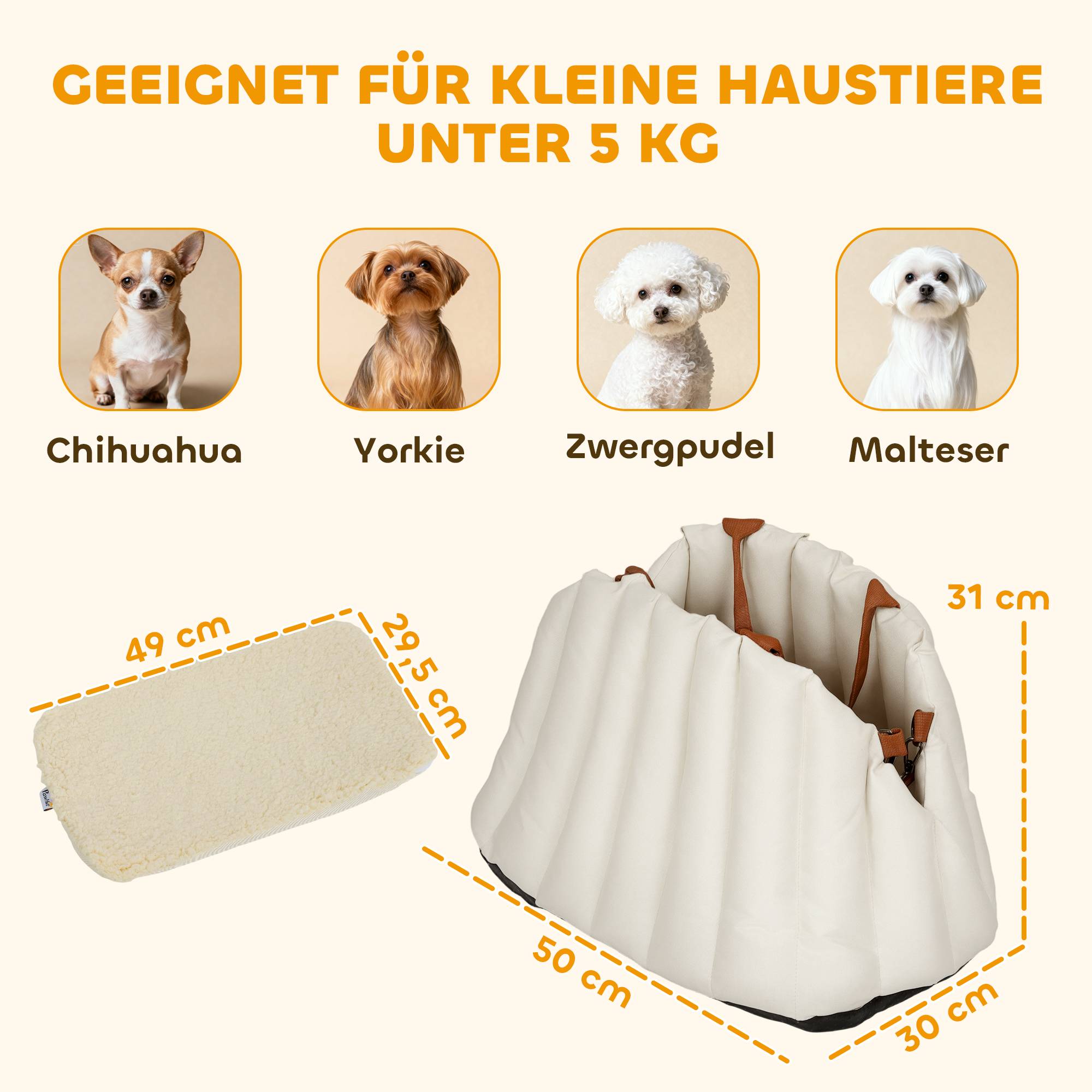 Siège auto chien Oxford velours voyage transport sac 2-en-1 lavable 50x30x31cm Crème - ComfortXL Outdoor Living - Image 5