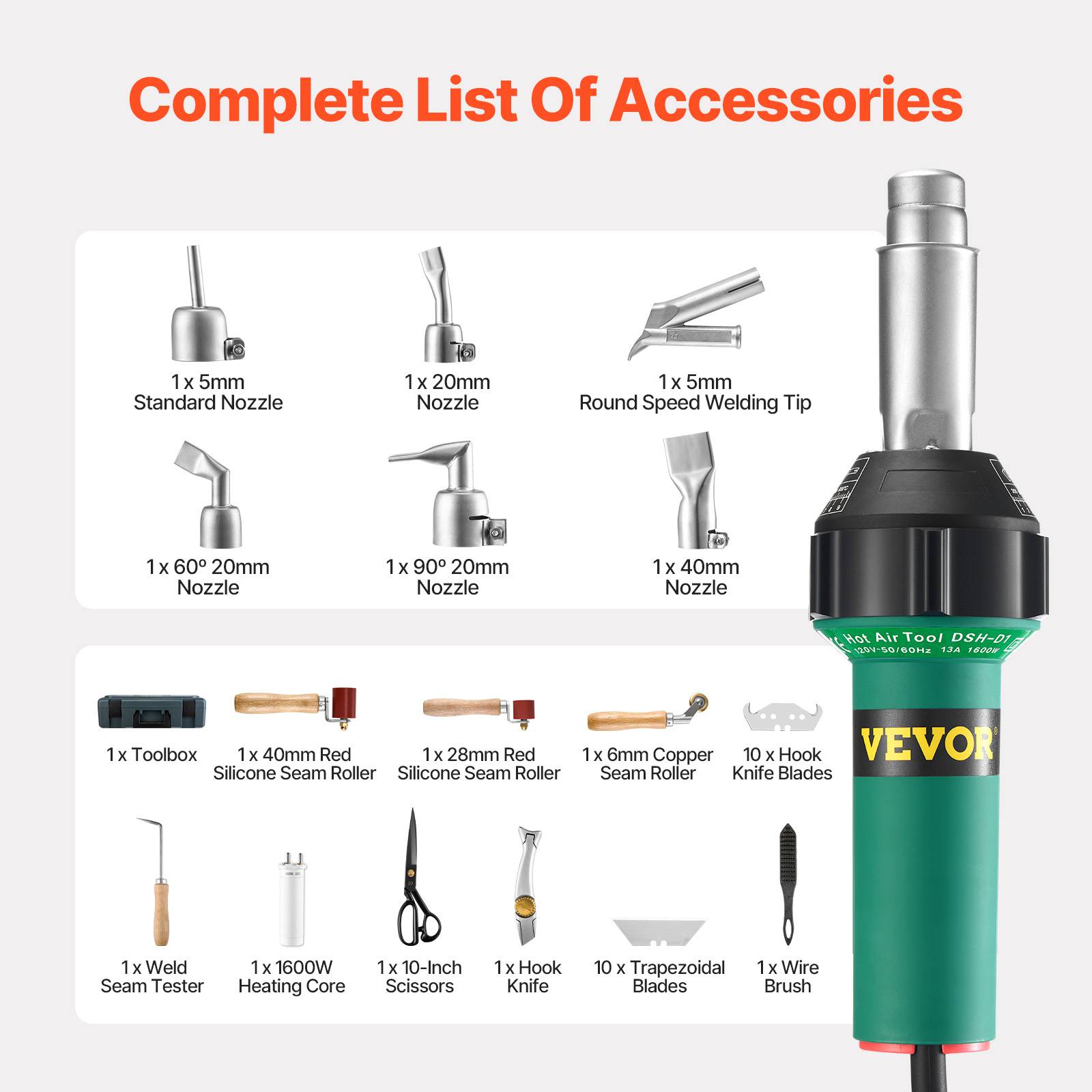 Vevor - VEVOR Soudeur plastique air chaud 1600W, 50-600°C, kit avec 17 accessoires, boîte à outils, pour PP/PE/PVC. - Image 6