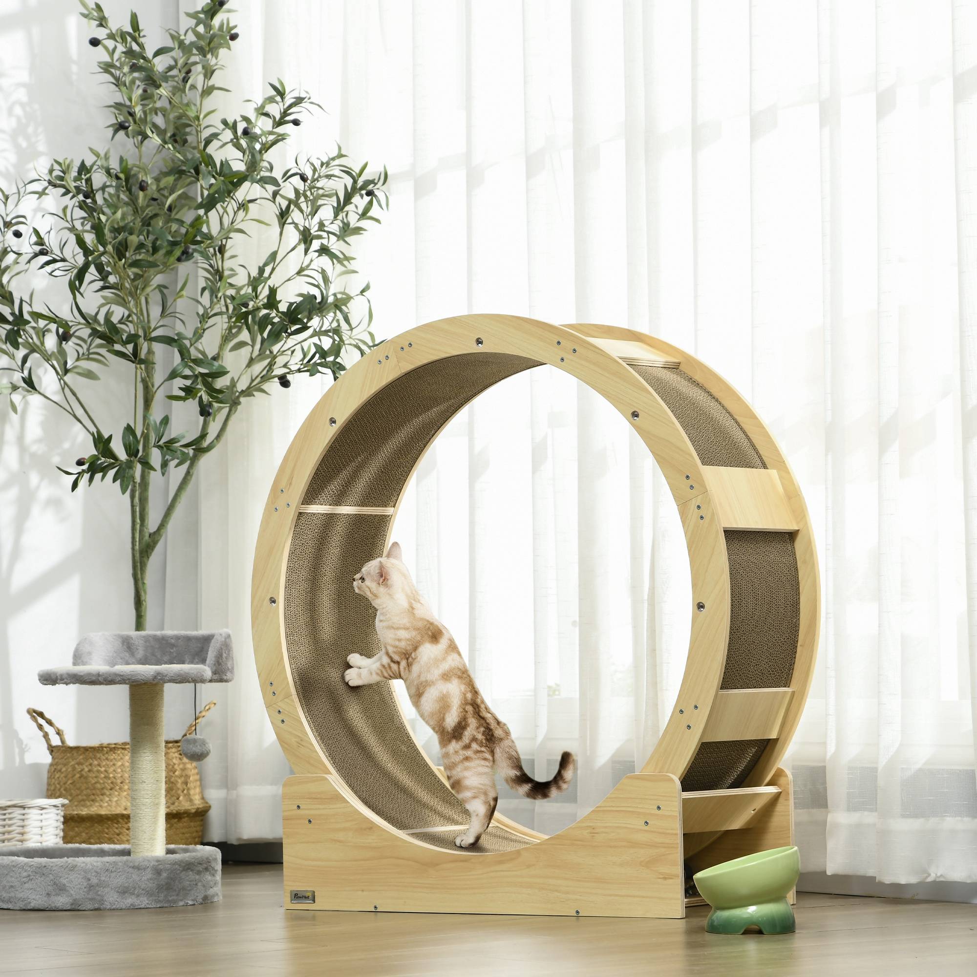 Roue exercice chat intérieur bois chêne tapis griffoir frein sécurité 91x94cm naturel - ComfortXL Outdoor Living - Image 3