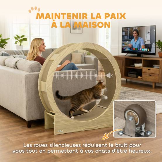 Roue exercice chat intérieur bois chêne tapis griffoir frein sécurité 91x94cm naturel - ComfortXL Outdoor Living - Image 10