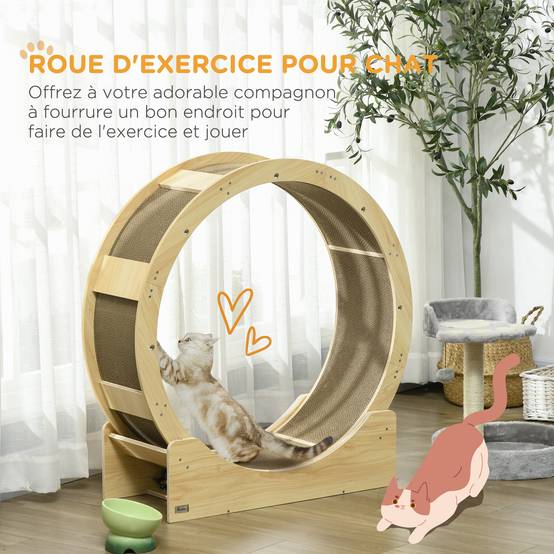 Roue exercice chat intérieur bois chêne tapis griffoir frein sécurité 91x94cm naturel - ComfortXL Outdoor Living - Image 6