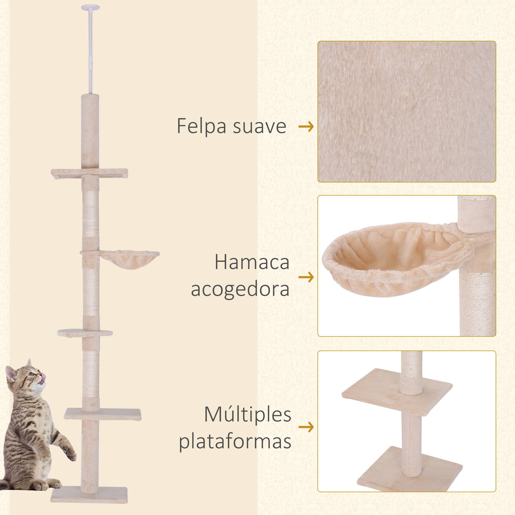 Arbre à Chat Sol-Plafond Réglable en Sisal avec Hamac et Plateformes 230-260 cm Beige - ComfortXL Outdoor Living - Image 9