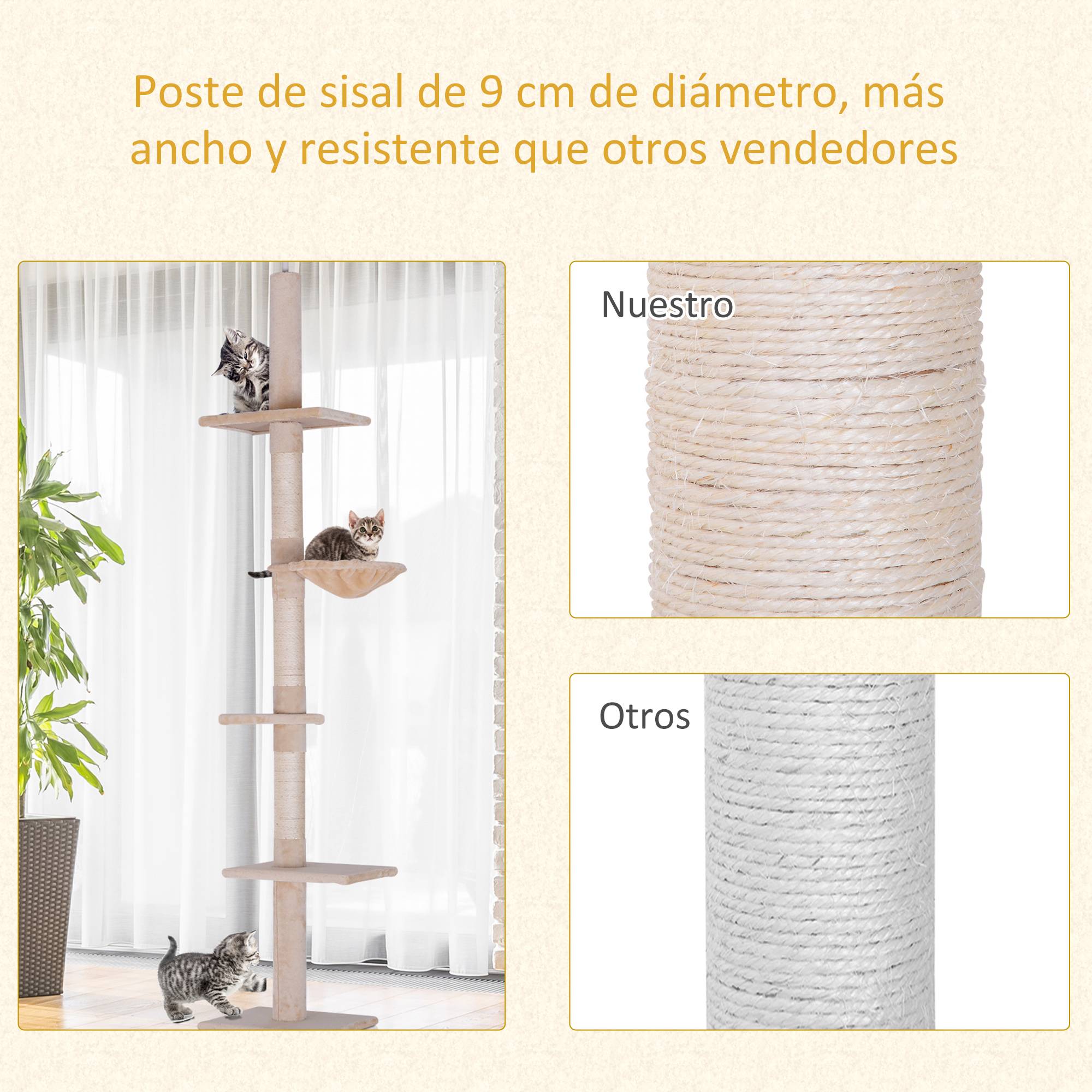 Arbre à Chat Sol-Plafond Réglable en Sisal avec Hamac et Plateformes 230-260 cm Beige - ComfortXL Outdoor Living - Image 8