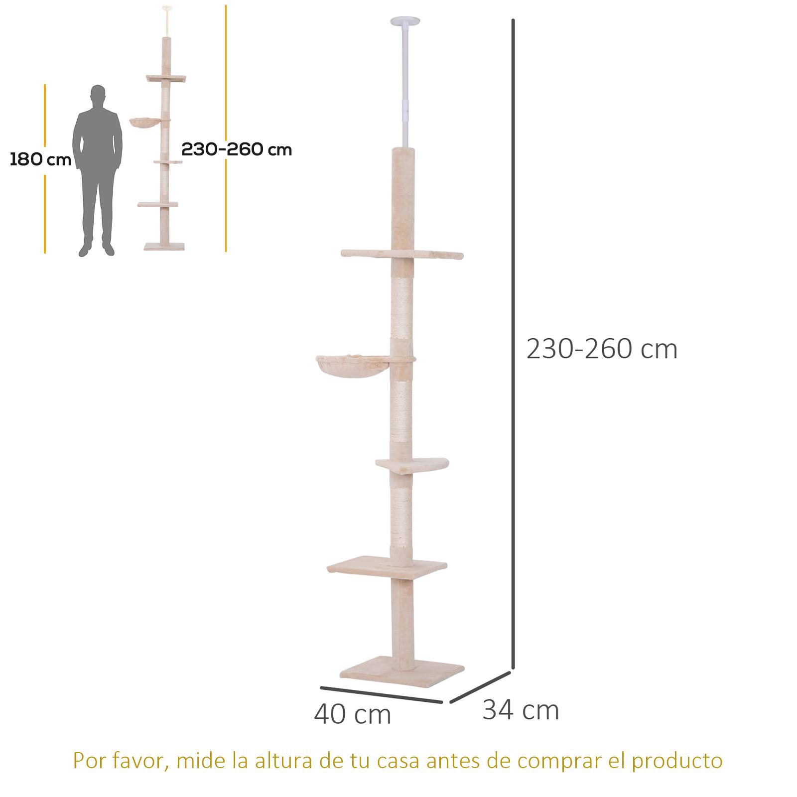 Arbre à Chat Sol-Plafond Réglable en Sisal avec Hamac et Plateformes 230-260 cm Beige - ComfortXL Outdoor Living - Image 5