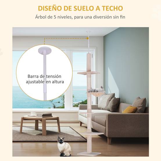 Arbre à Chat Sol-Plafond Réglable en Sisal avec Hamac et Plateformes 230-260 cm Beige - ComfortXL Outdoor Living - Image 7