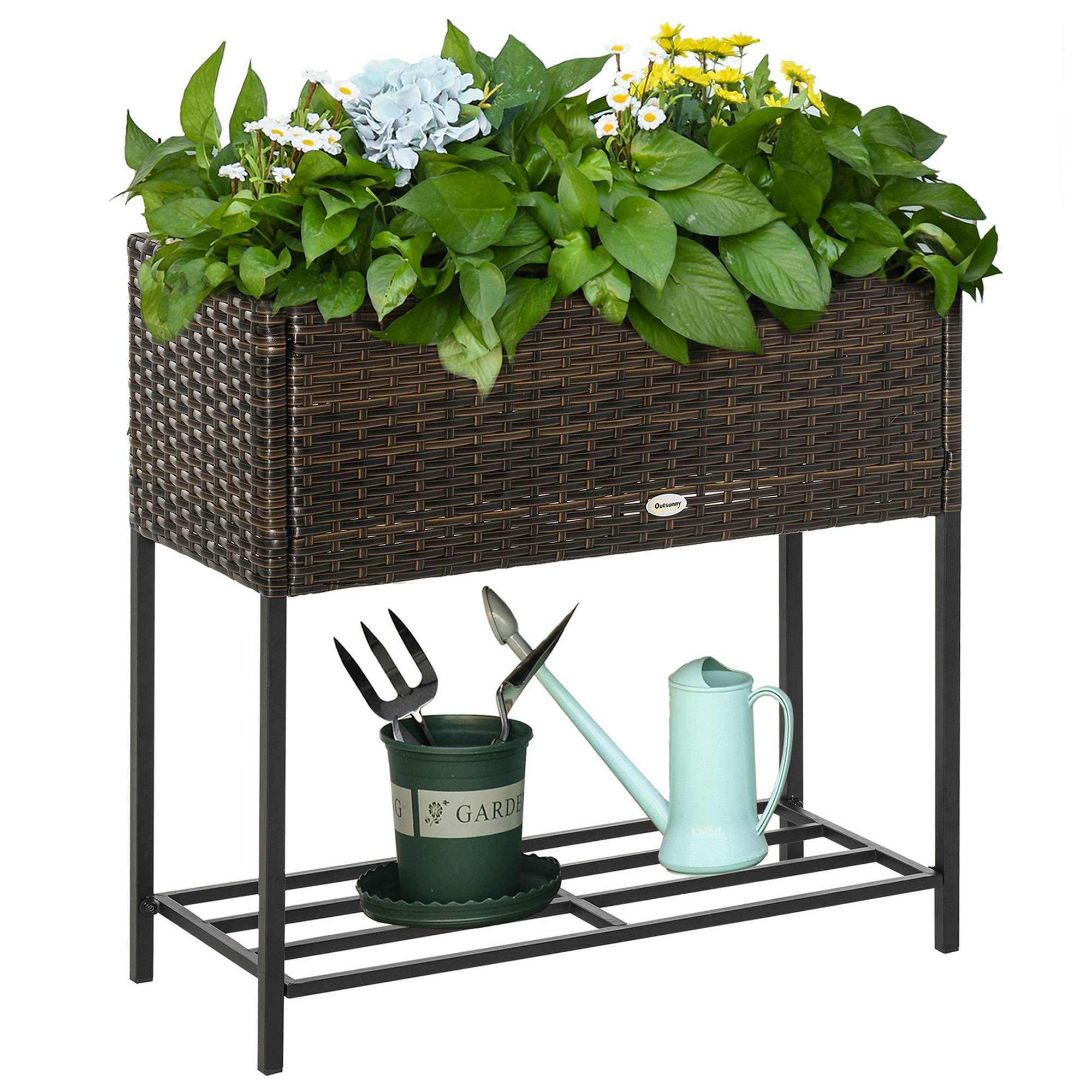 Jardinière surélevée, bac à fleurs, rangement profond, cadre métal/polyrotin, 70x30x70 cm, marron/noir - Image 1