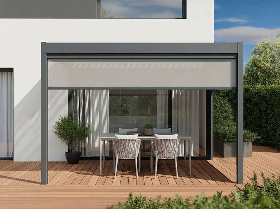 Pergola bioclimatique 3x4 m adossée alu + stores + lames acier orientables – Direct Abris - Imagen 4
