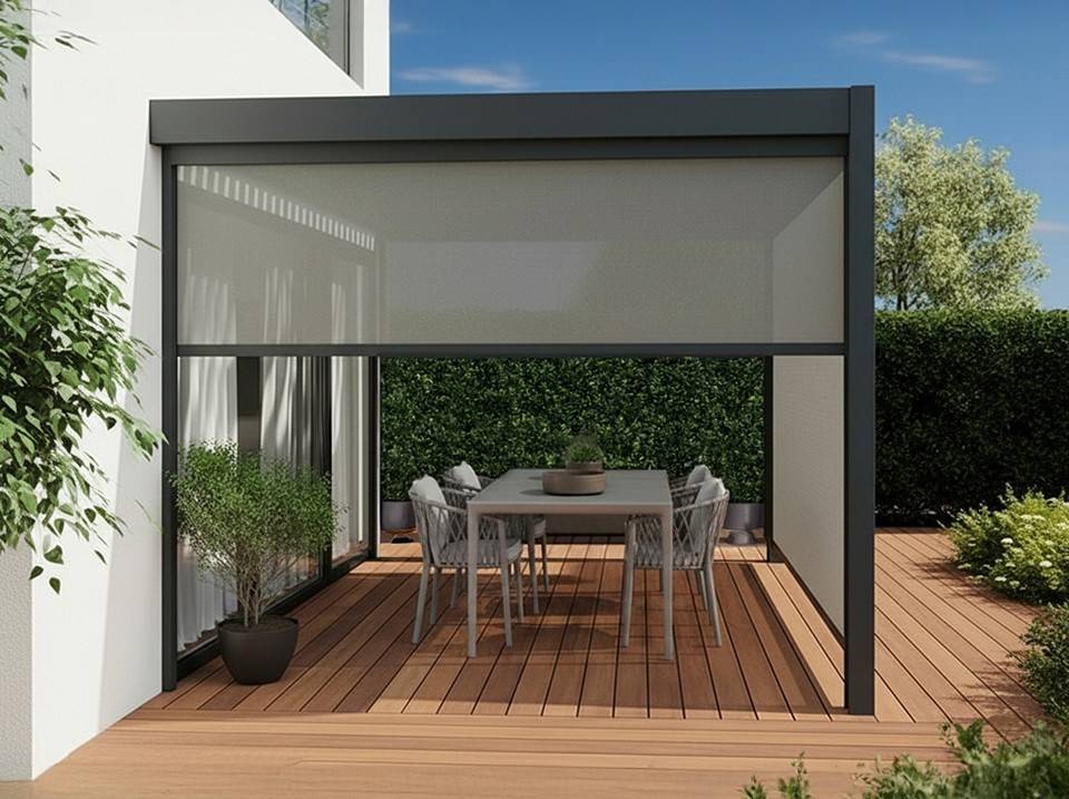 Pergola bioclimatique 3x4 m adossée alu + stores + lames acier orientables – Direct Abris - Imagen 3