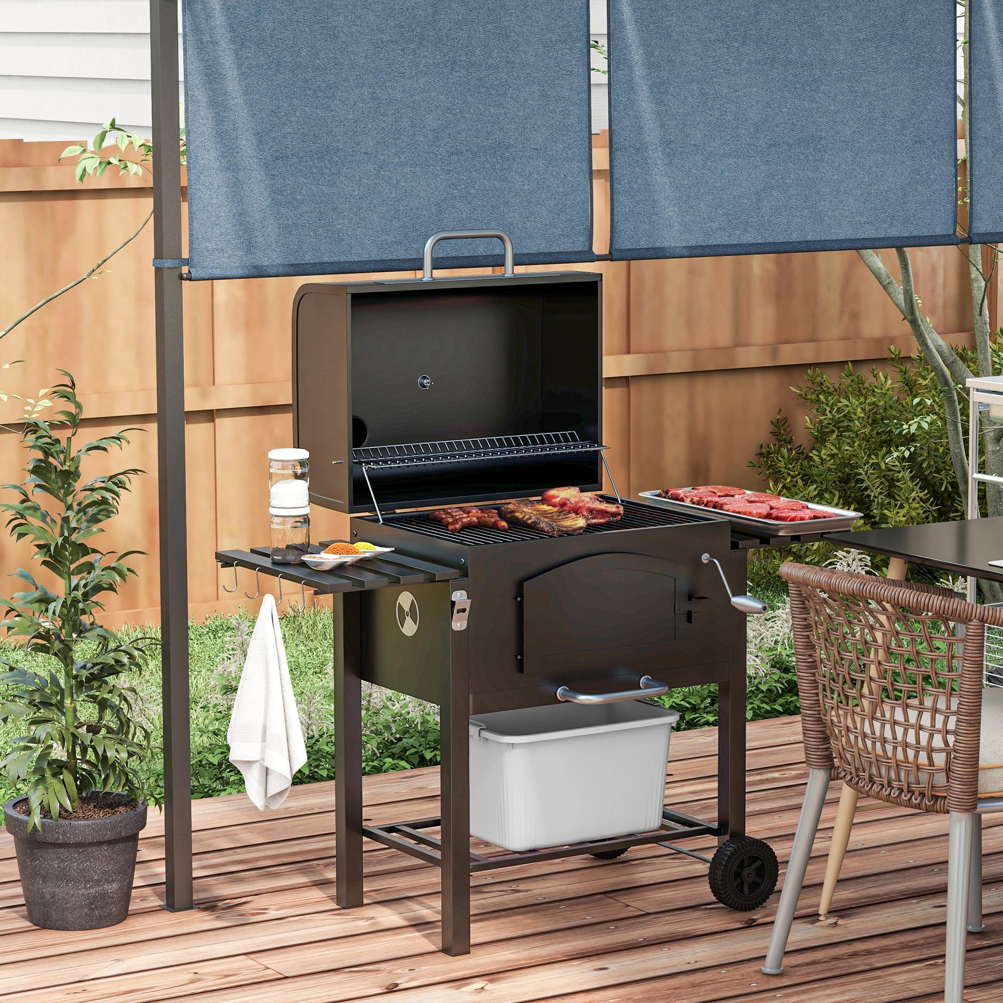 ComfortXL - Barbecue charbon fumoir métal jardin terrasse grille réglable 124x66x112cm noir - ComfortXL Outdoor Living - Image 1