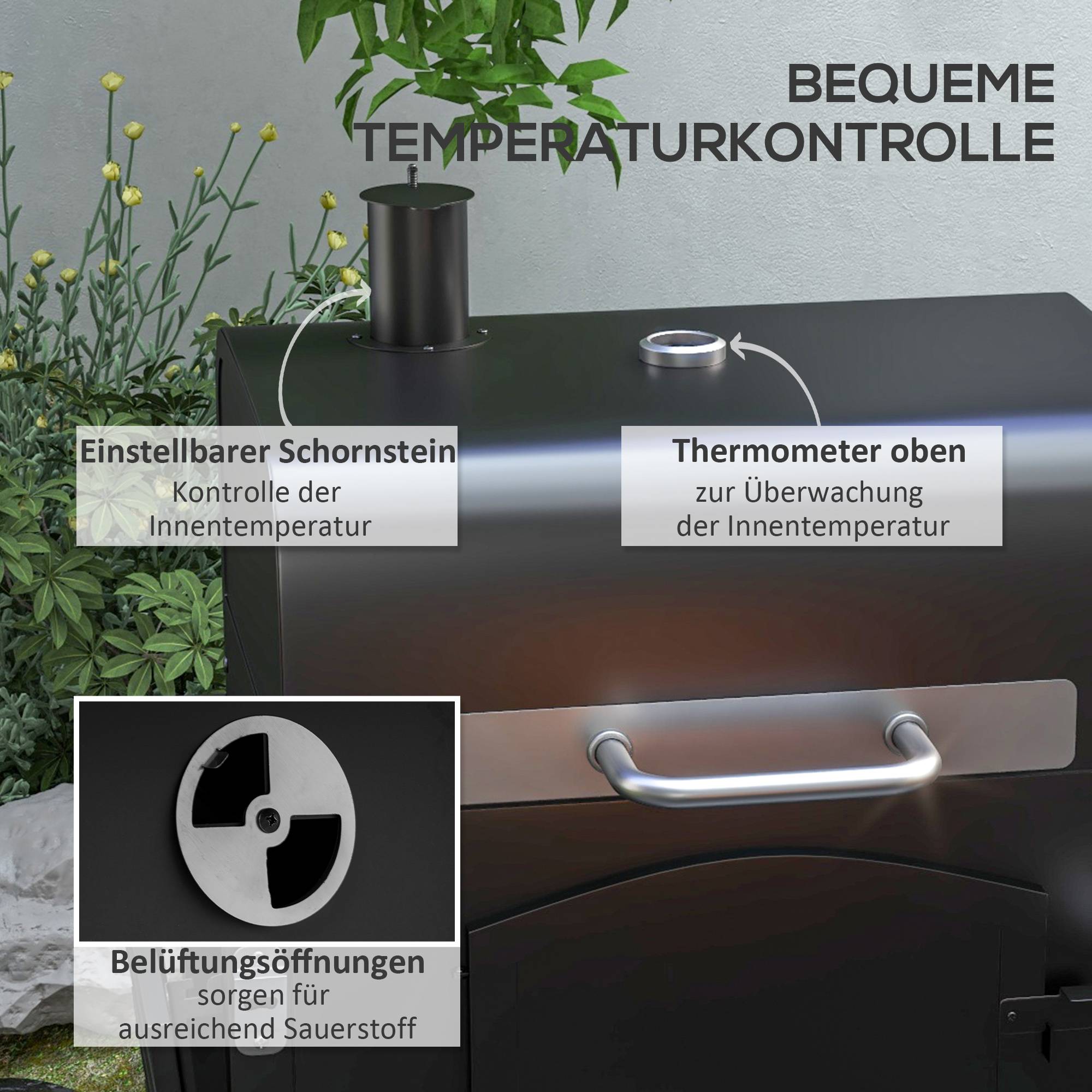 ComfortXL - Barbecue charbon fumoir métal jardin terrasse grille réglable 124x66x112cm noir - ComfortXL Outdoor Living - Image 5