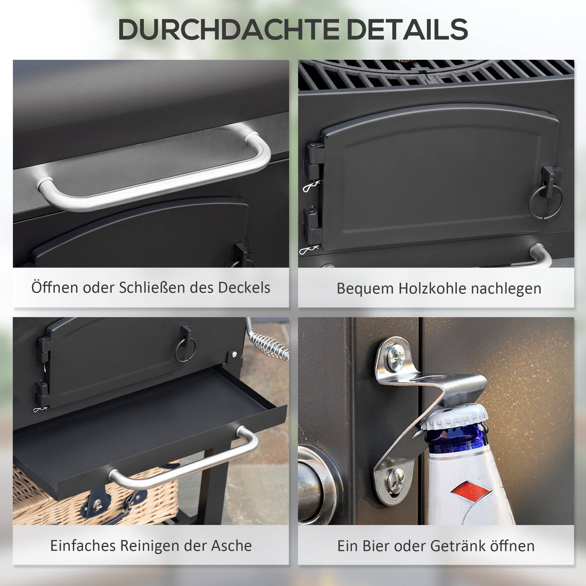 ComfortXL - Barbecue charbon fumoir métal jardin terrasse grille réglable 124x66x112cm noir - ComfortXL Outdoor Living - Image 7