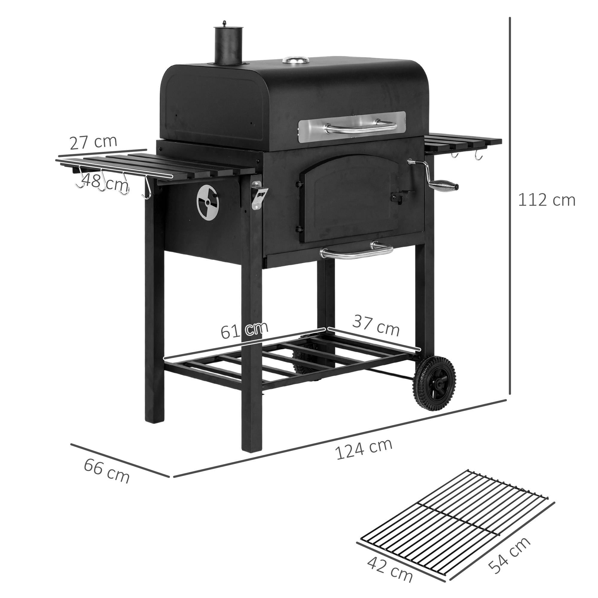 ComfortXL - Barbecue charbon fumoir métal jardin terrasse grille réglable 124x66x112cm noir - ComfortXL Outdoor Living - Image 3
