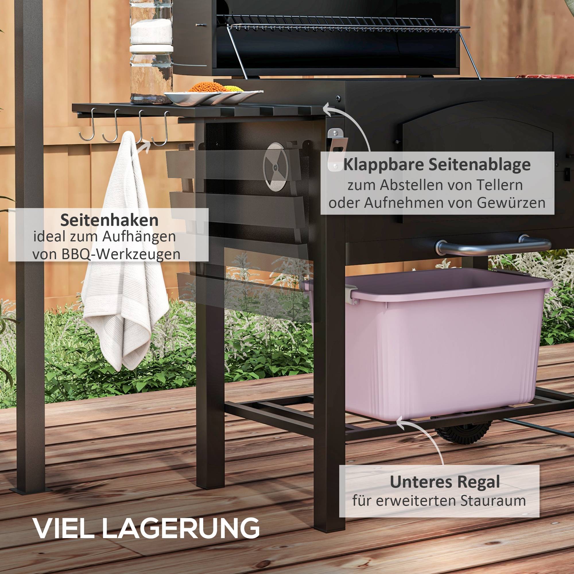 ComfortXL - Barbecue charbon fumoir métal jardin terrasse grille réglable 124x66x112cm noir - ComfortXL Outdoor Living - Image 6