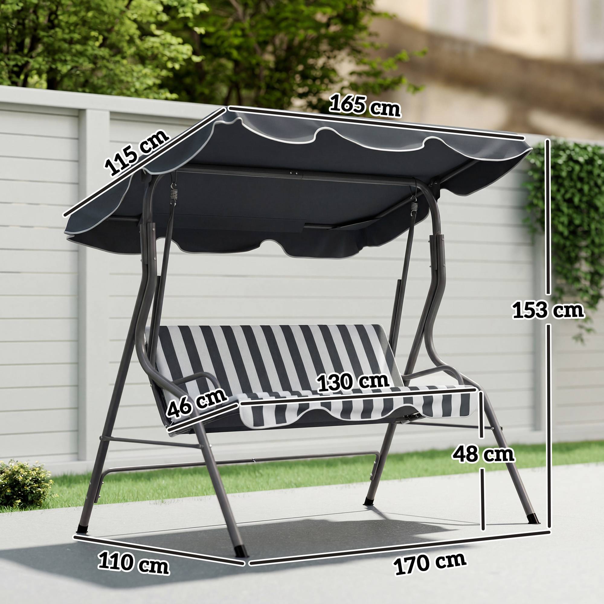 Balancelle de Jardin 3 Places Toit imperméabilisé Inclinaison réglable Coussins Assise Dossier gris, blanc rayé - Image 5