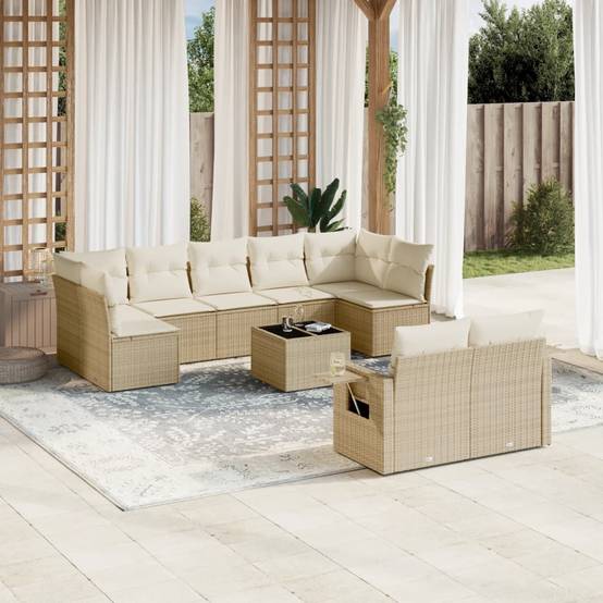 Mobilier de jardin 10 éléments en poly rotin avec rangement intégré et coussins déhoussables Beige – ComfortXL Outdoor Living - Image 1
