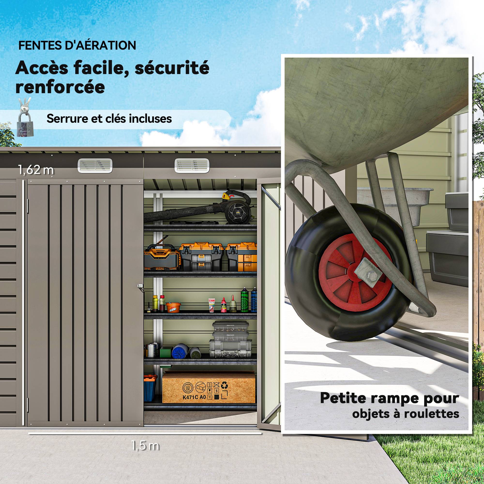 Abri de jardin en métal 3 m² facile à monter, cabane de jardin structure en acier galvanisé améliorée gris clair - Image 8