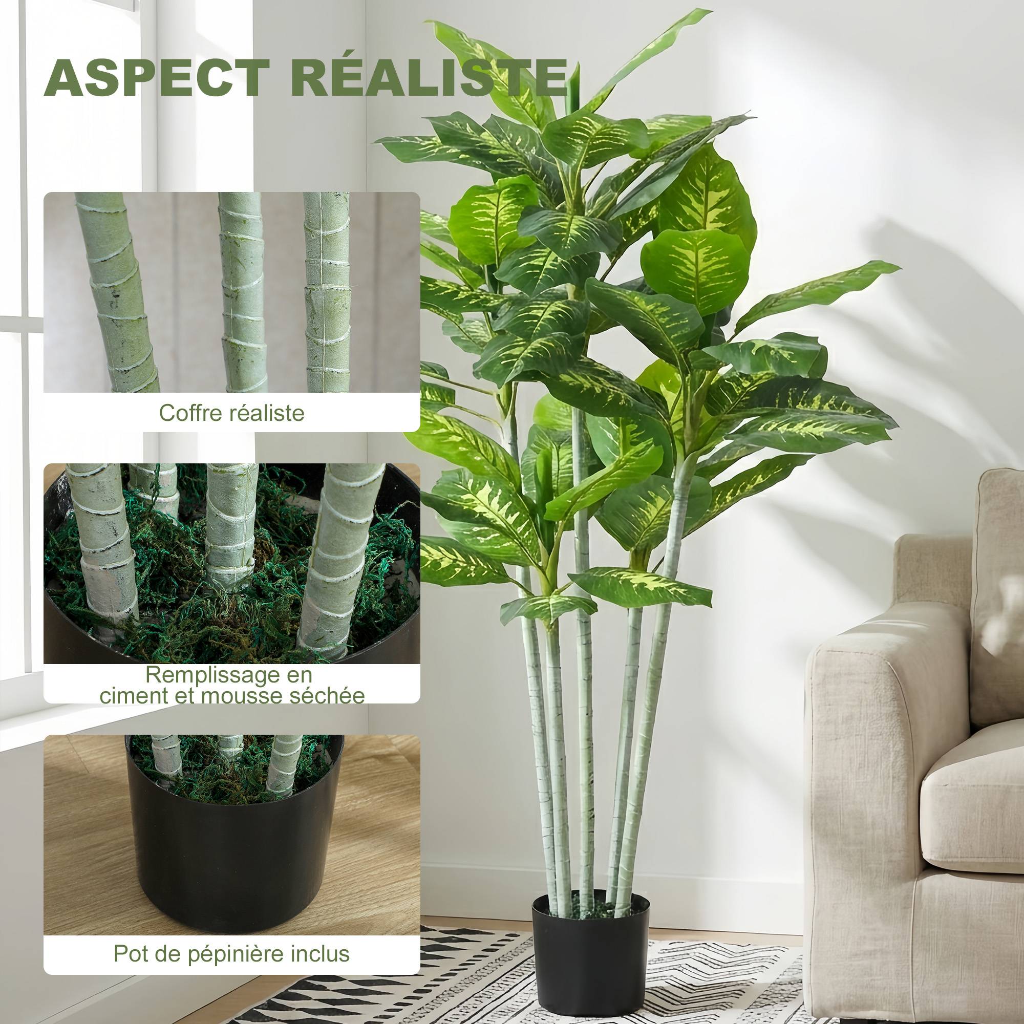 Plante artificielle calathea hauteur 150 cm pot ciment 53 feuilles - intérieur - Image 6