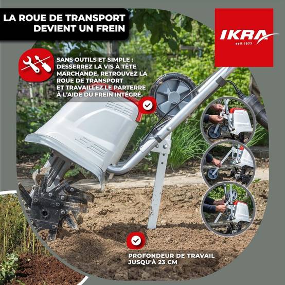 Motobineuse électrique 1500W Largeur de travail 17-45cm 6 fraises - Profondeur de travail 23cm Préparation sol jardin IKRA - Image 4