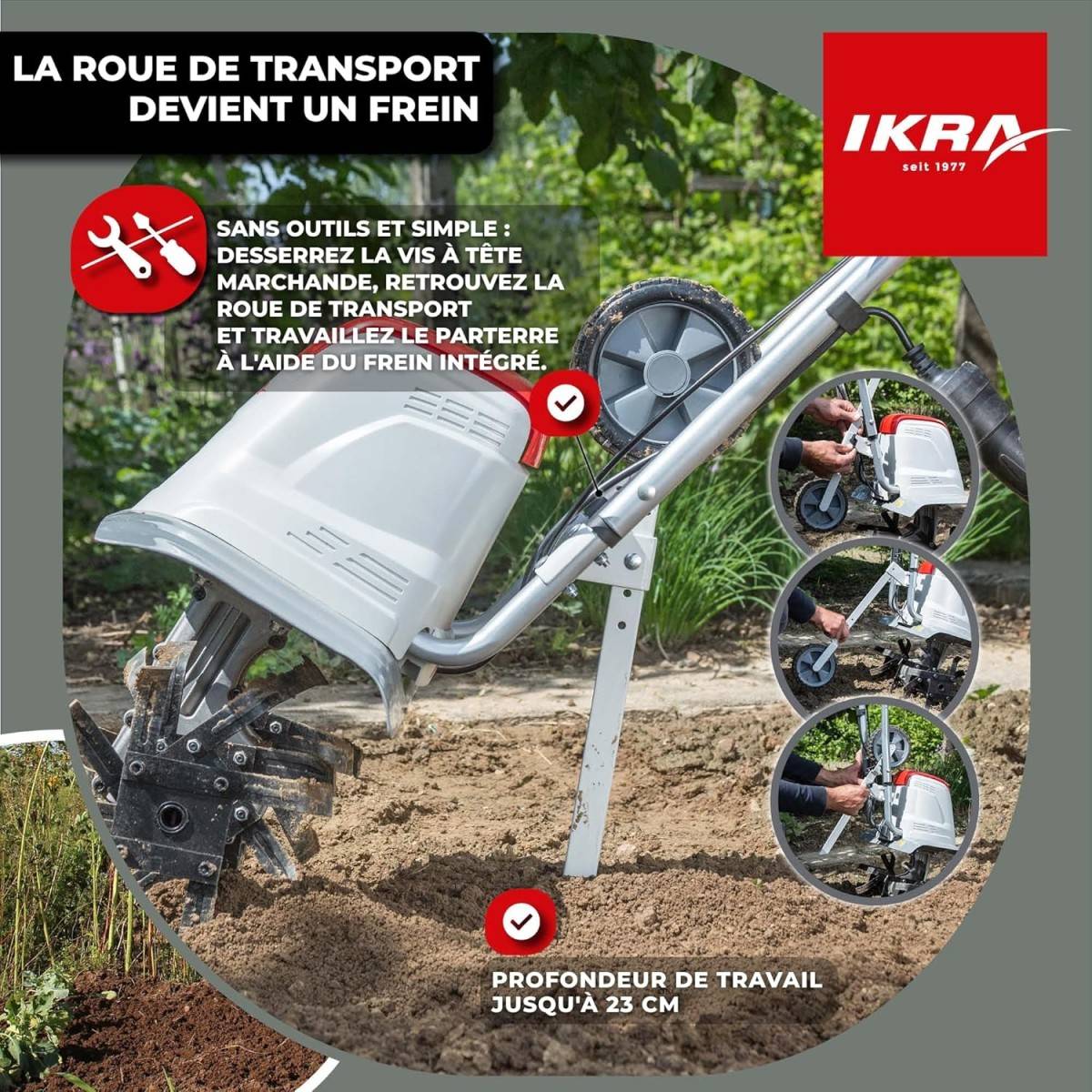 Motobineuse électrique 1500W Largeur de travail 17-45cm 6 fraises - Profondeur de travail 23cm Préparation sol jardin IKRA - Image 4