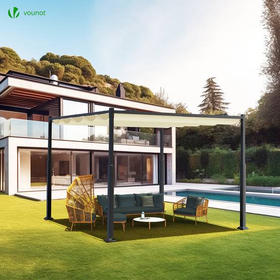 VOUNOT® Pergola rétractable 3x3m en metal et toile polyester haute densite 180 g/m² beige - Image 2