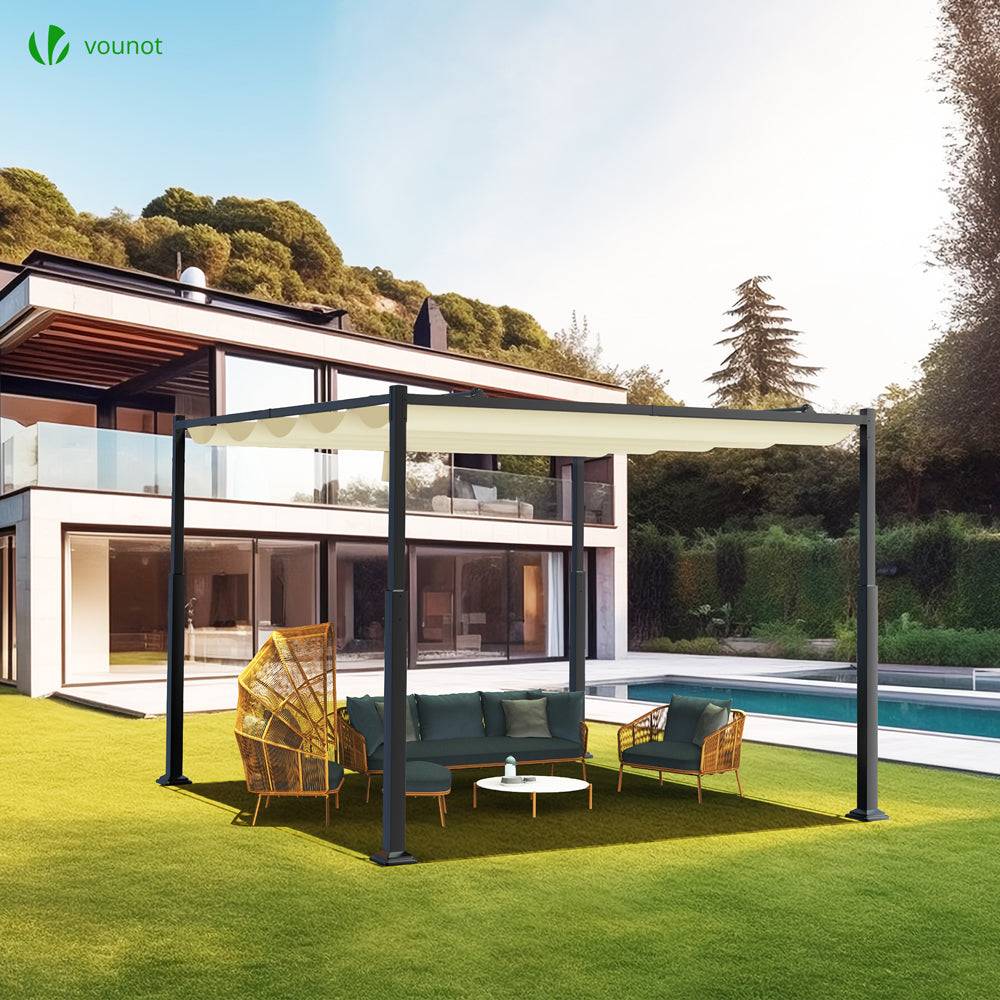 VOUNOT® Pergola rétractable 3x3m en metal et toile polyester haute densite 180 g/m² beige - Image 2
