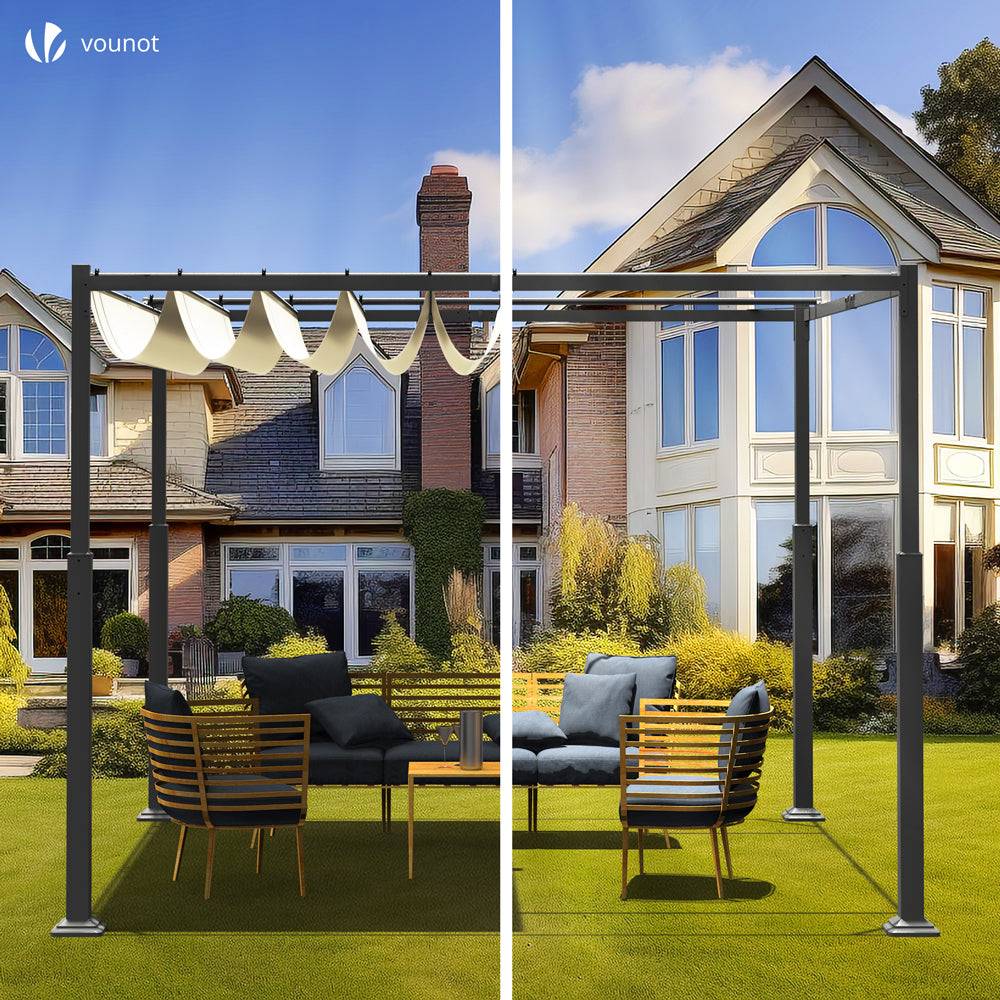 VOUNOT® Pergola rétractable 3x3m en metal et toile polyester haute densite 180 g/m² beige - Image 7