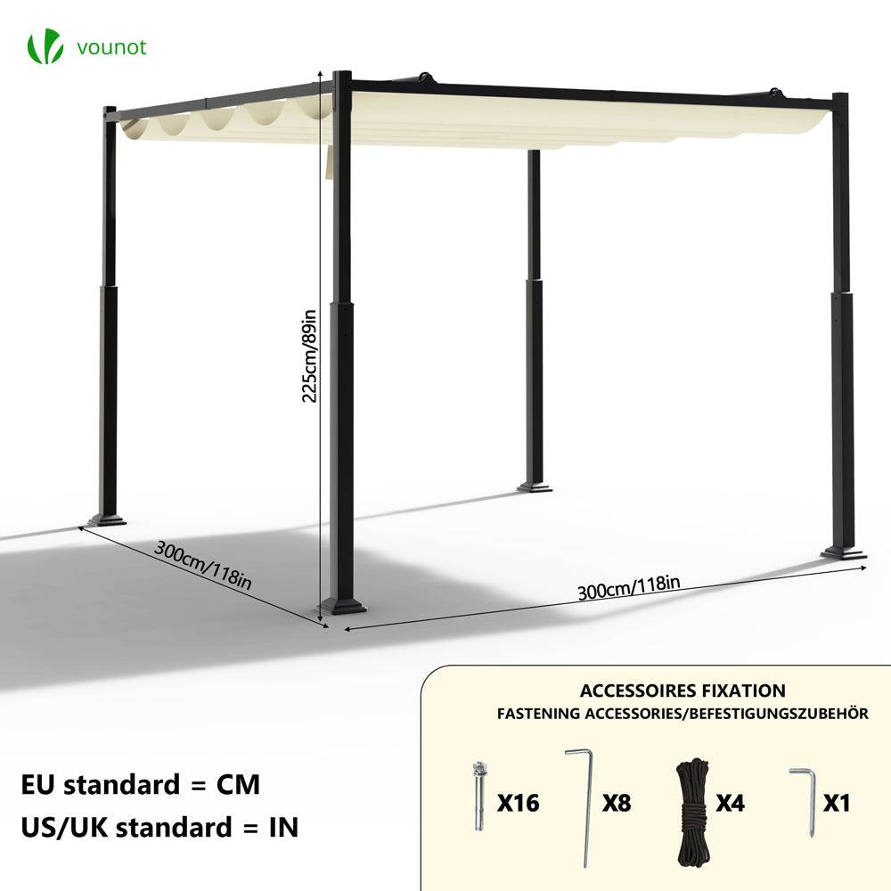 VOUNOT® Pergola rétractable 3x3m en metal et toile polyester haute densite 180 g/m² beige - Image 3